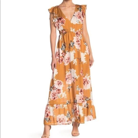 free press Dresses & Skirts - Free Press Mustard Floral Ruffle Maxi Dress size XS  Wine Tasking Dress
